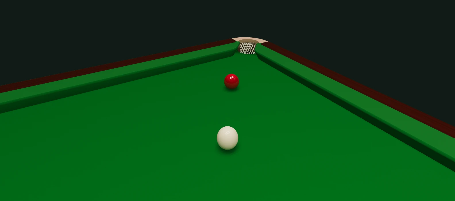 A white cue ball, a red object ball and the corner pocket of a billiards table
